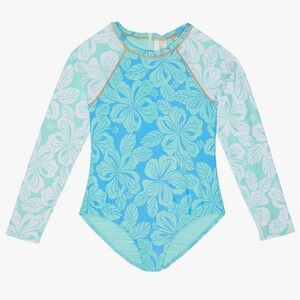 ASOS Hobie Blue White Hawaiian Rashguard One Piece Swimsuit Tropical Girls Large